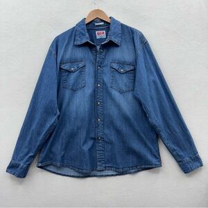 Wrangler Mens 2XL Blue Denim Pearl Snap Western Long Sleeve Shirt